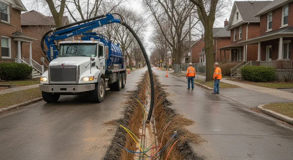 A hydrovac truck exposing a buried utility in a narrow trench on a Kitchener, Ontario street